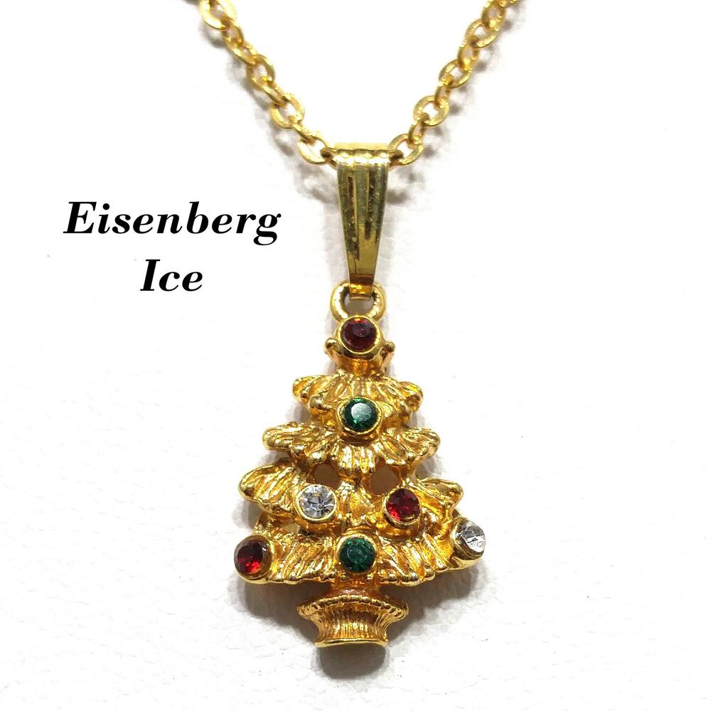 Eisenberg Ice Christmas Tree Necklace, Gold Plated, Multicolor Rhinestones
